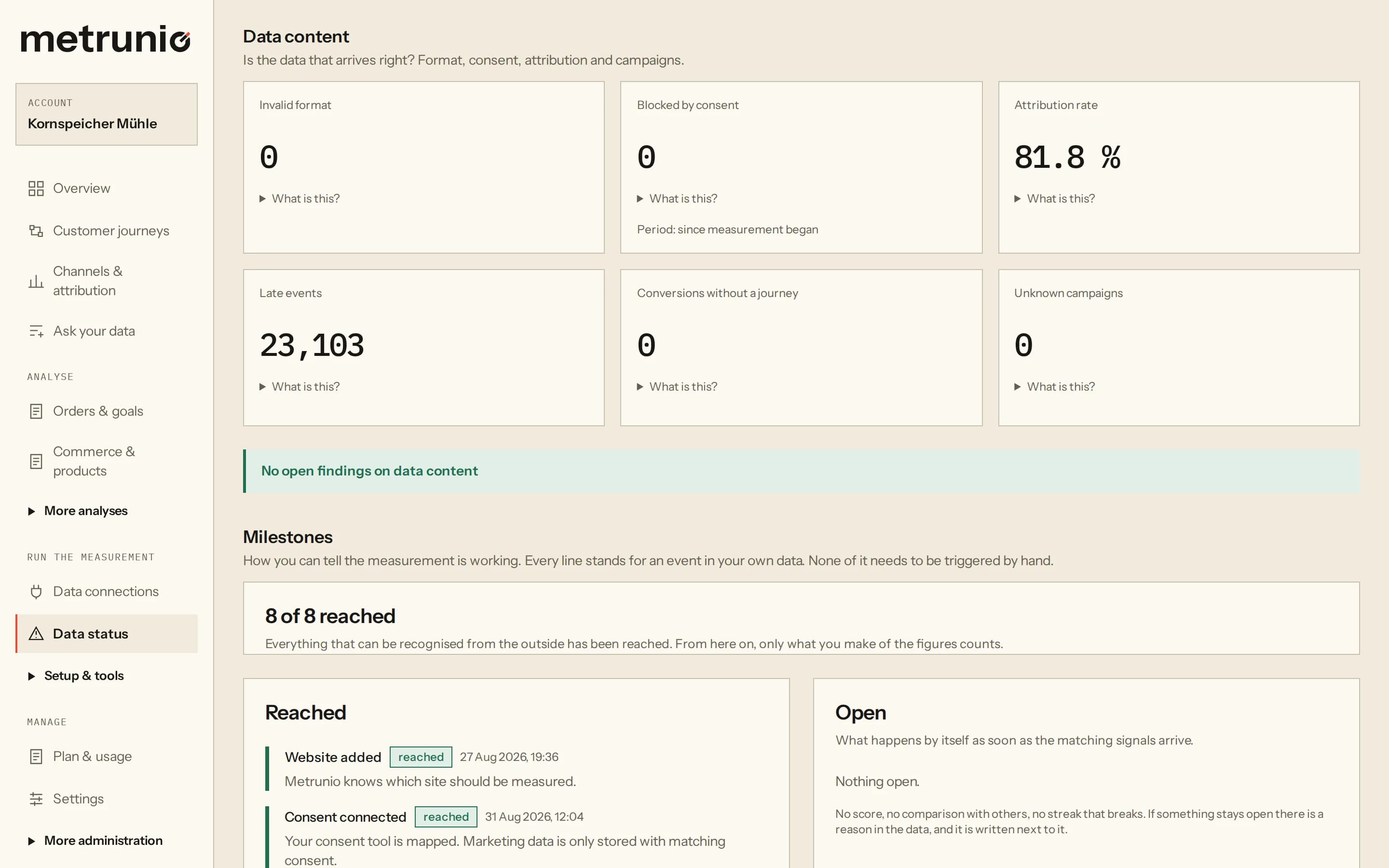 Screenshot of the data status: the data content with invalid format, events blocked by consent, attribution rate, late events, conversions without a journey and unknown campaigns, with the milestones below.