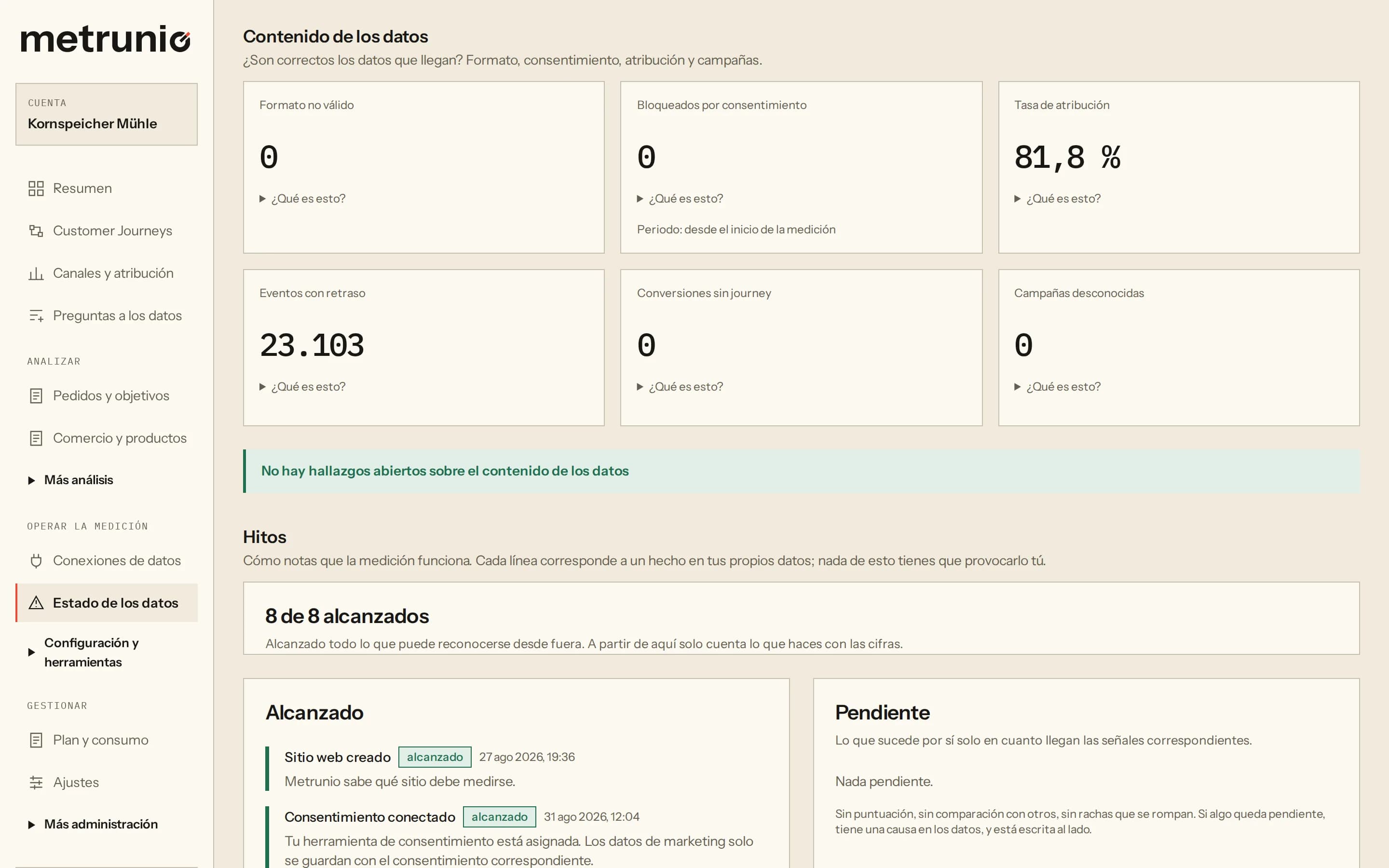 Captura del estado de los datos: el contenido de los datos con formato no válido, eventos bloqueados por el consentimiento, tasa de atribución, eventos retrasados, conversiones sin recorrido y campañas desconocidas, y debajo los hitos.