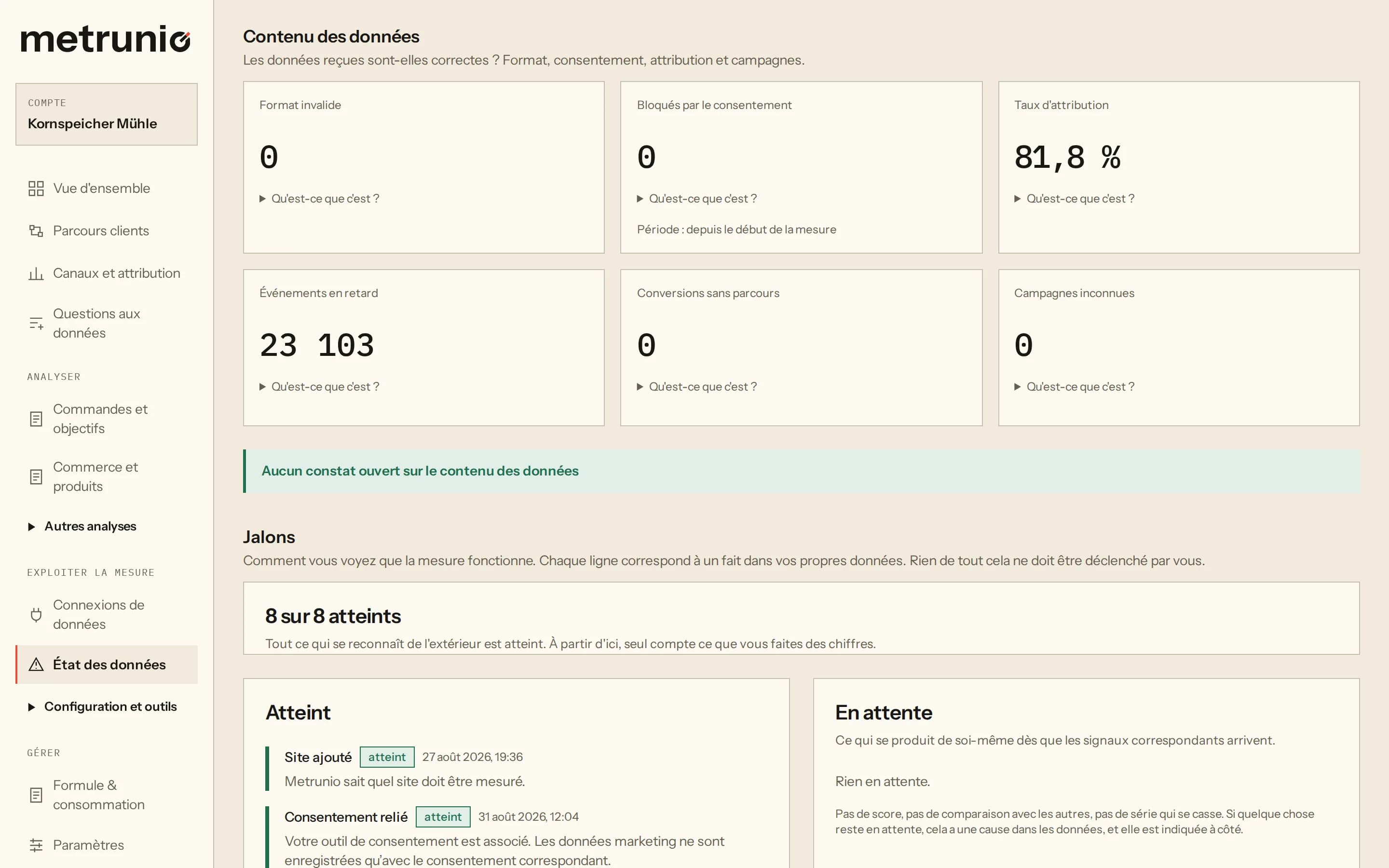Capture de l’état des données : le contenu des données avec le format invalide, les événements bloqués par le consentement, le taux d’attribution, les événements en retard, les conversions sans parcours et les campagnes inconnues, et en dessous les jalons.