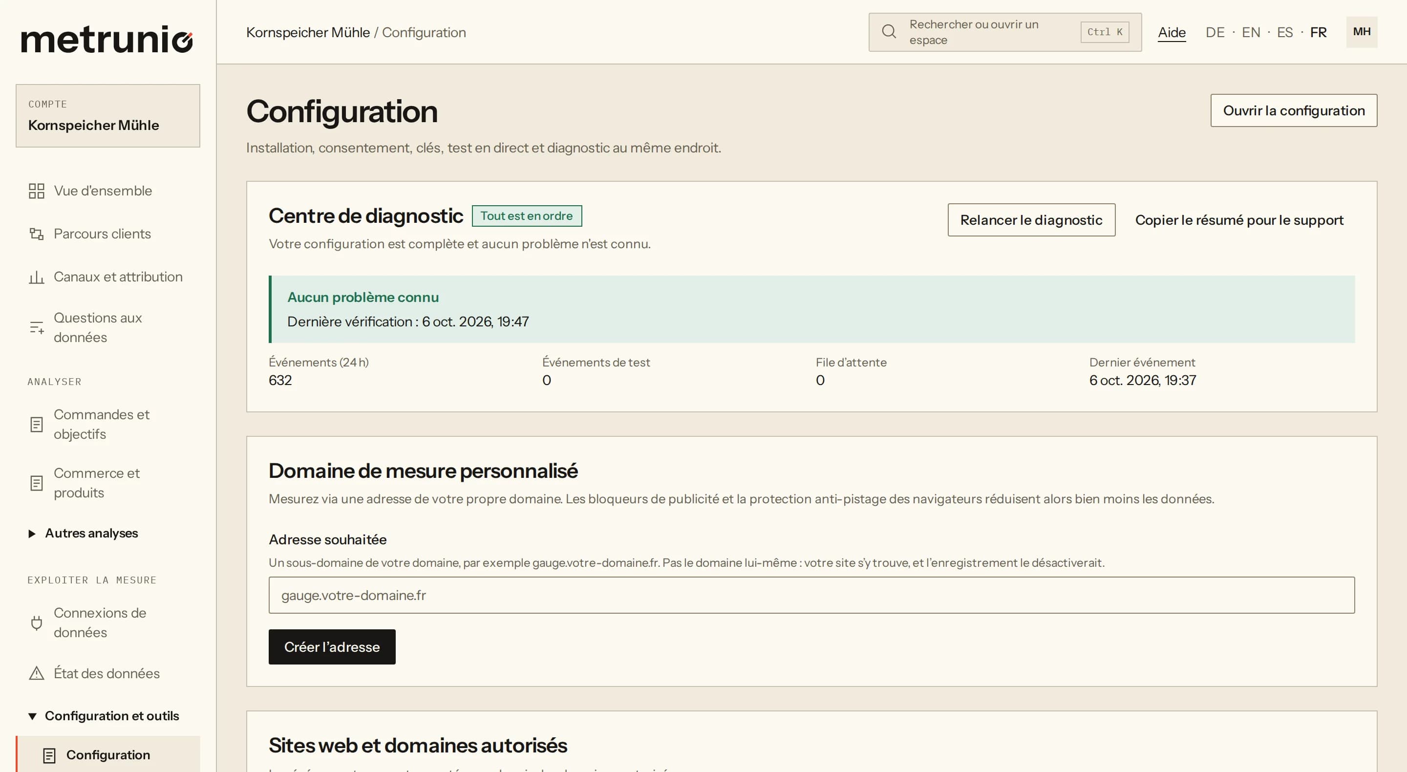 Capture de la configuration de mesure : le centre de diagnostic avec le verdict « Tout est en ordre », des compteurs pour les événements, les événements de test, la file d’attente et le dernier événement, et en dessous la section sur le domaine de mesure propre.