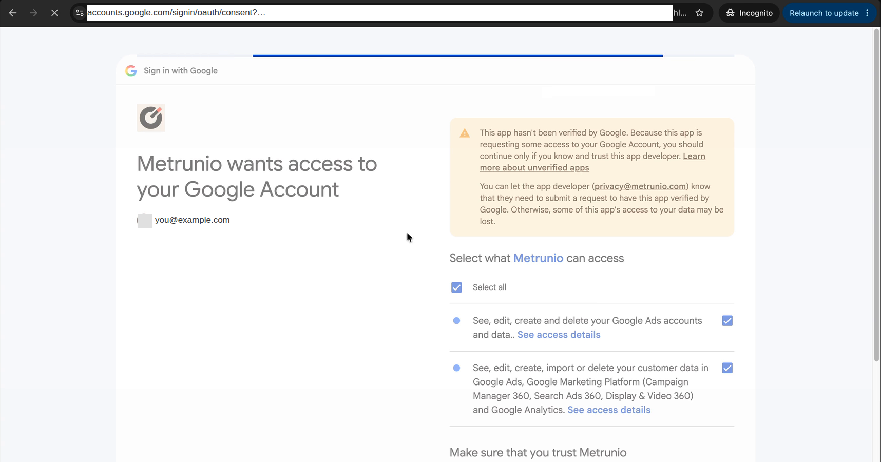 Googles Einwilligungsseite „Metrunio wants access to your Google Account“ mit zwei angehakten Rechten: Google Ads und das Hochladen von Kundendaten. Rechts der Hinweis, dass die App noch nicht geprüft ist.