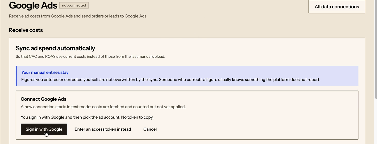 Die Seite von Google Ads unter „Datenverbindungen“ mit dem Abschnitt „Kosten empfangen“ und dem Knopf „Mit Google anmelden“.