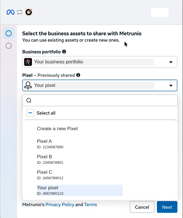 Der Dialog von Facebook Login for Business „Select the business assets to share with Metrunio“ mit Business-Portfolio und aufgeklappter Pixel-Liste.